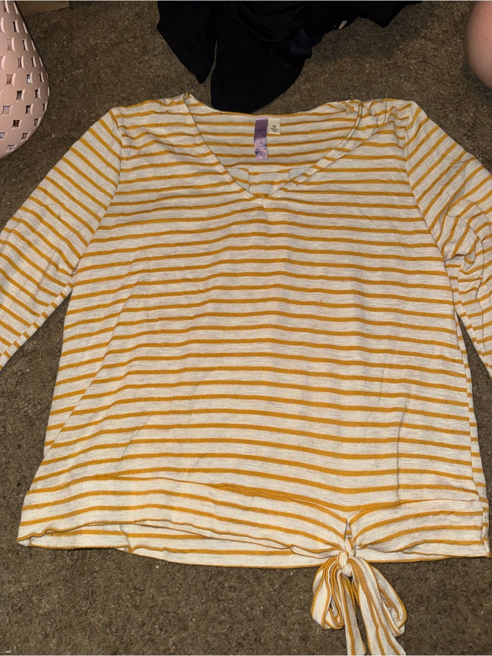 Alya Yellow and Cream Striped V-Neck Tie-Hem Long Sleeve Top